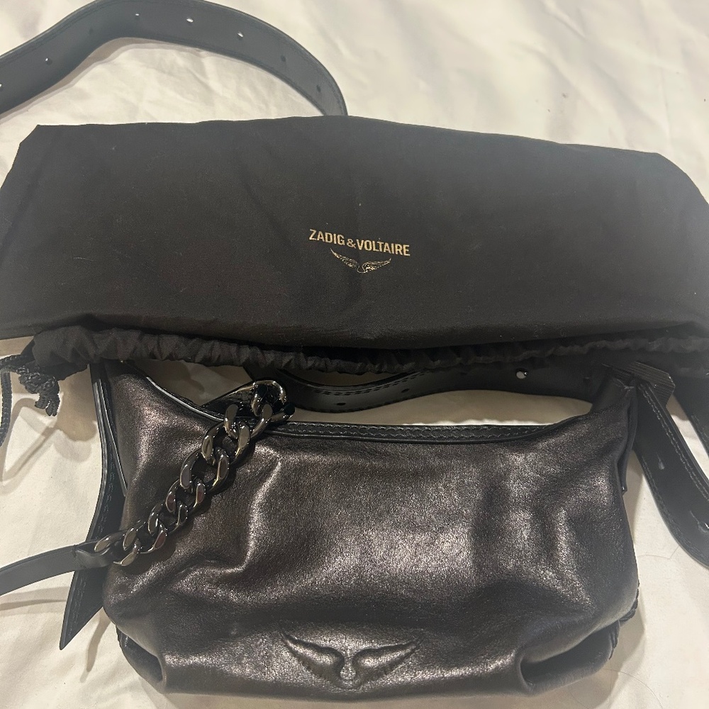 Zadig & Voltaire Metallic Black Leather Shoulder Bag with Chain